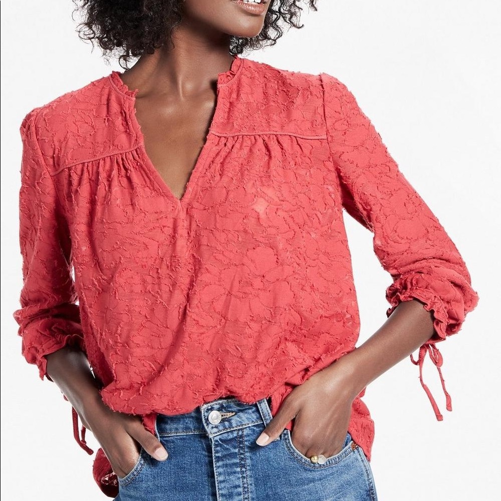 Lucky Brand Clip Jacquard Peasant Top in Earth Red